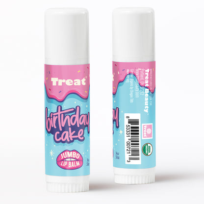 Treat Beauty Birthday Cake Jumbo Organic Lip Balm. Birthday Cake flavored lip balm in a jumbo size tube.