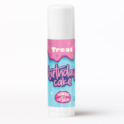 Treat Beauty Birthday Cake Jumbo Organic Lip Balm. Birthday Cake flavored lip balm in a jumbo size tube.