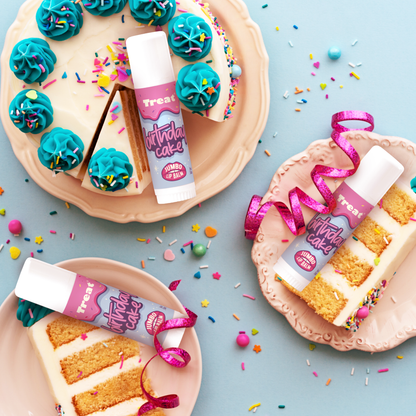 Treat Beauty Birthday Cake Jumbo Organic Lip Balm. Birthday Cake flavored lip balm in a jumbo size tube.