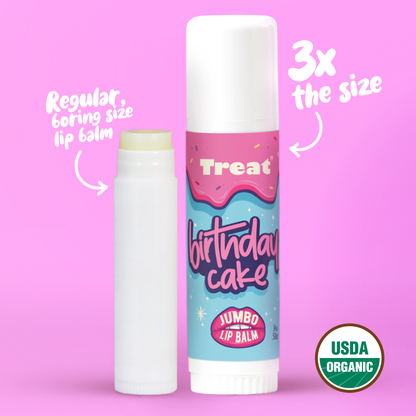 Treat Beauty Birthday Cake Jumbo Organic Lip Balm. Birthday Cake flavored lip balm in a jumbo size tube.